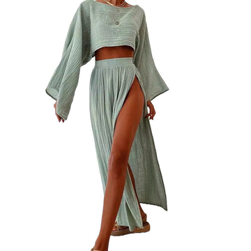 Linen Short Top Slit Skirt Set